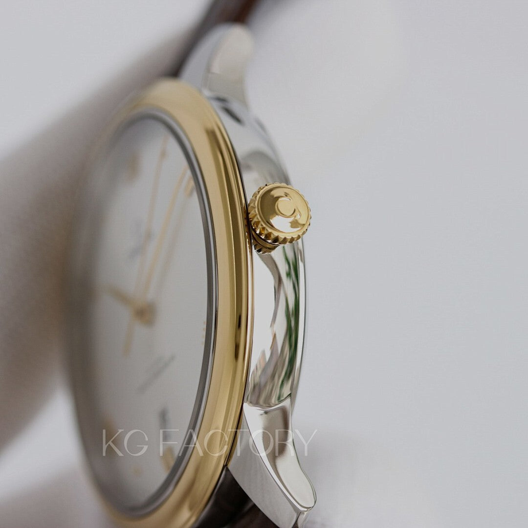 Omega watch side profile with gold tone crown and polished case, brown leather strap.
