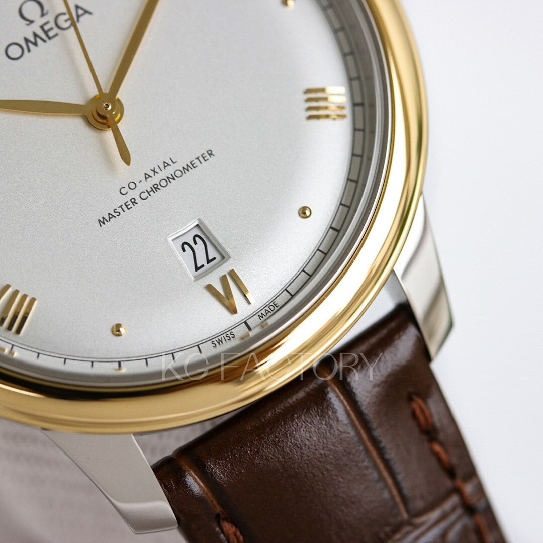 Omega watch closeup: white dial with Roman numerals, date window, brown leather strap.