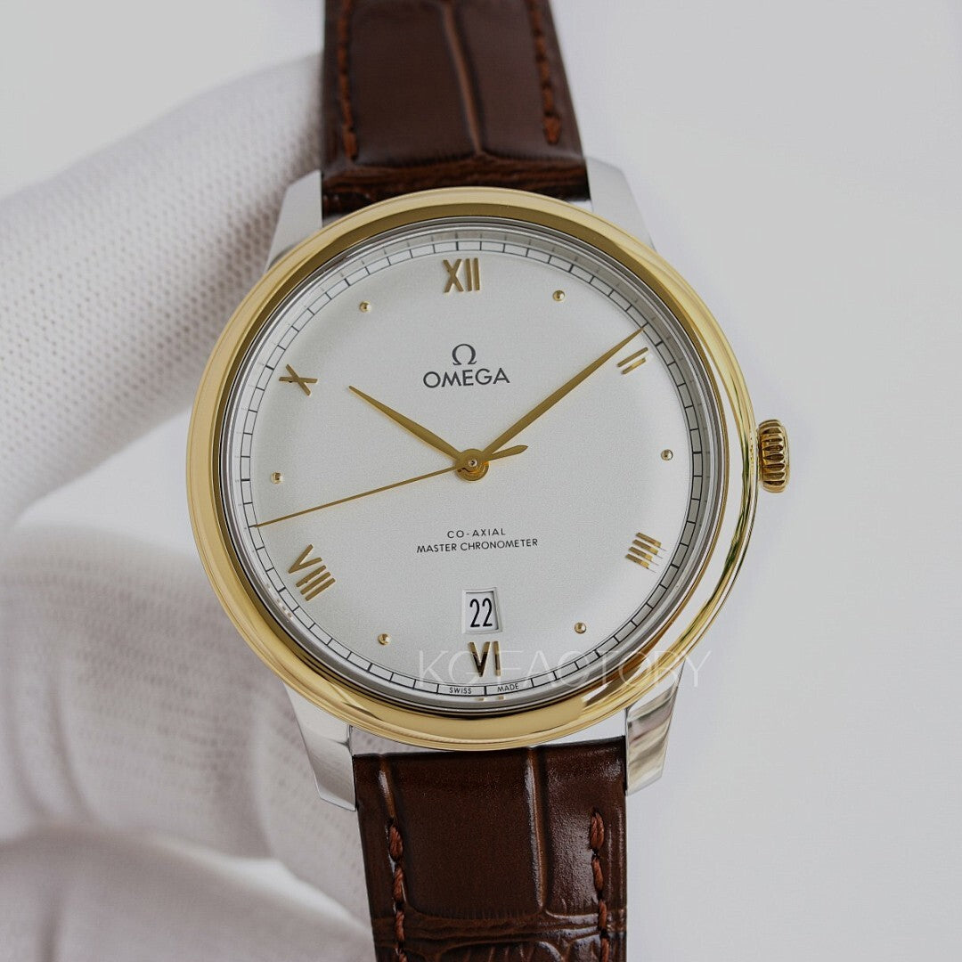 Omega watch with gold tone case, white dial, brown leather strap, Roman numerals, date 22.