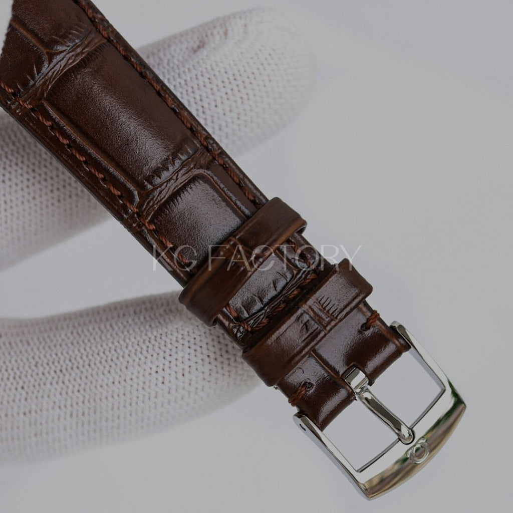 Omega watch brown leather strap with silver buckle and stitched edges.