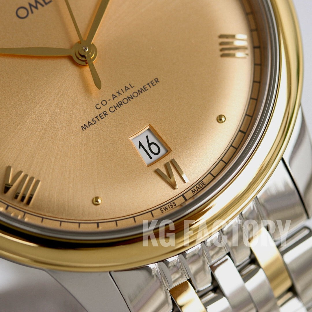 Close-up of champagne dial with gold hands, day-date window, and roman numerals