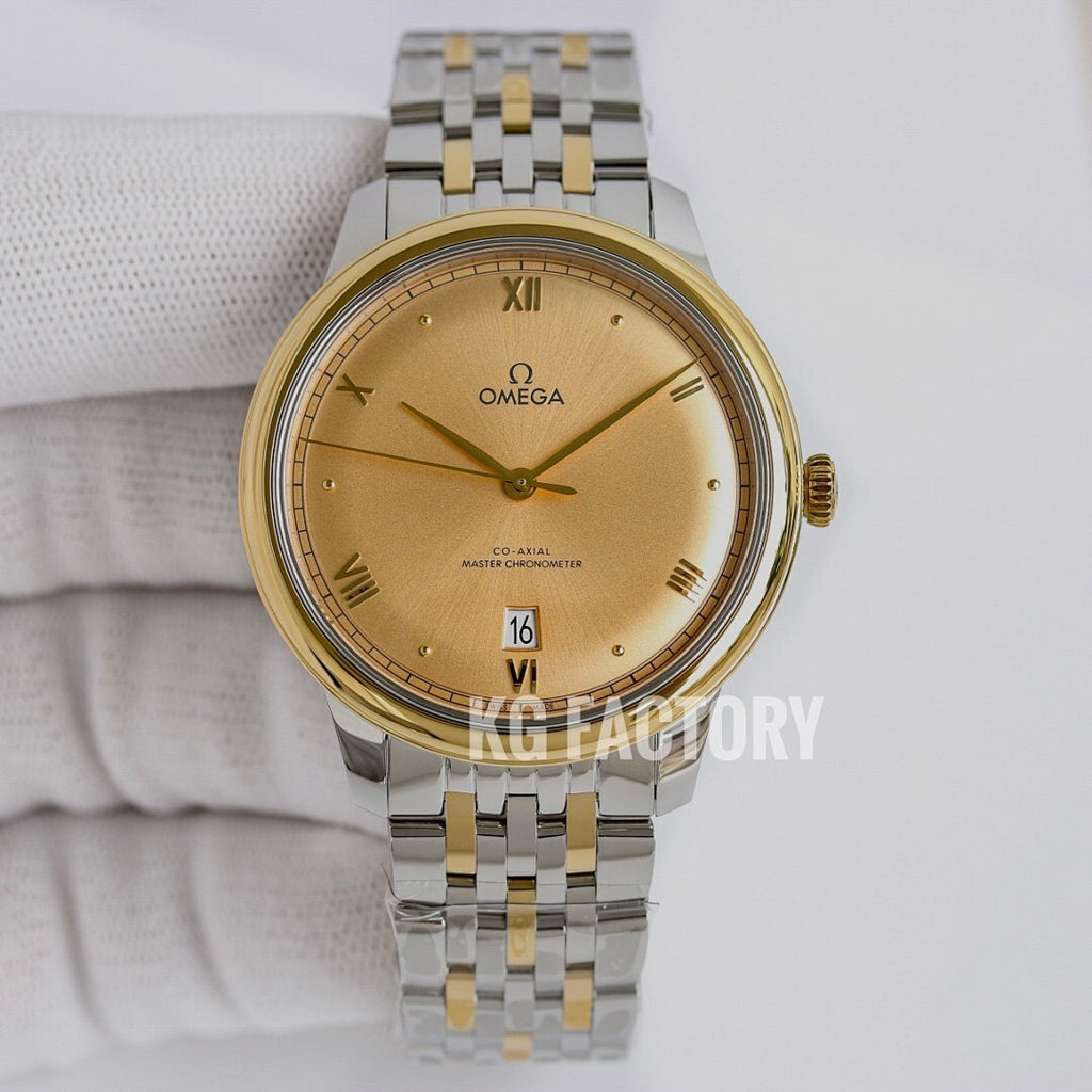 Two-tone wristwatch with champagne dial, gold-tone bezel, and metal link bracelet