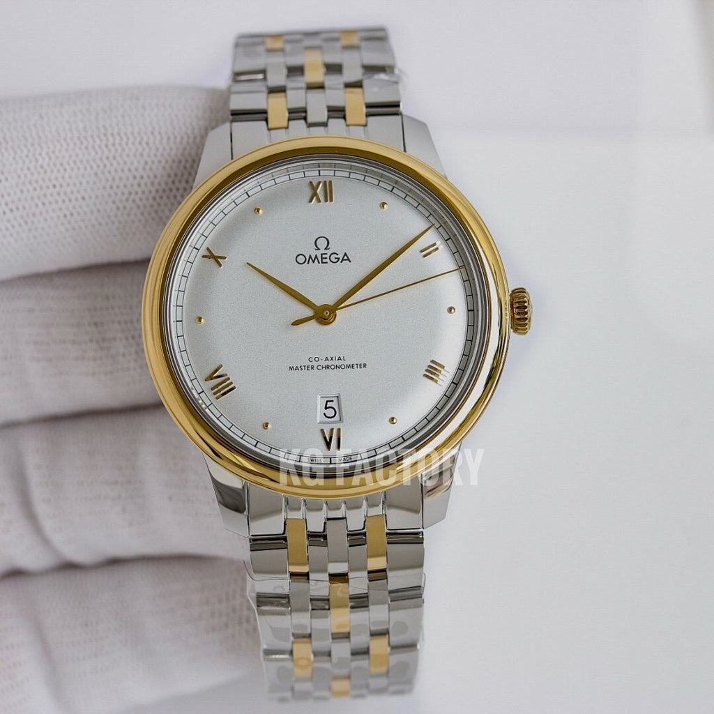 Two-tone wristwatch with white dial, gold-tone bezel, and metal link bracelet