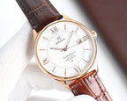 Omega watch with rose gold case, brown leather strap, white dial, Roman numerals