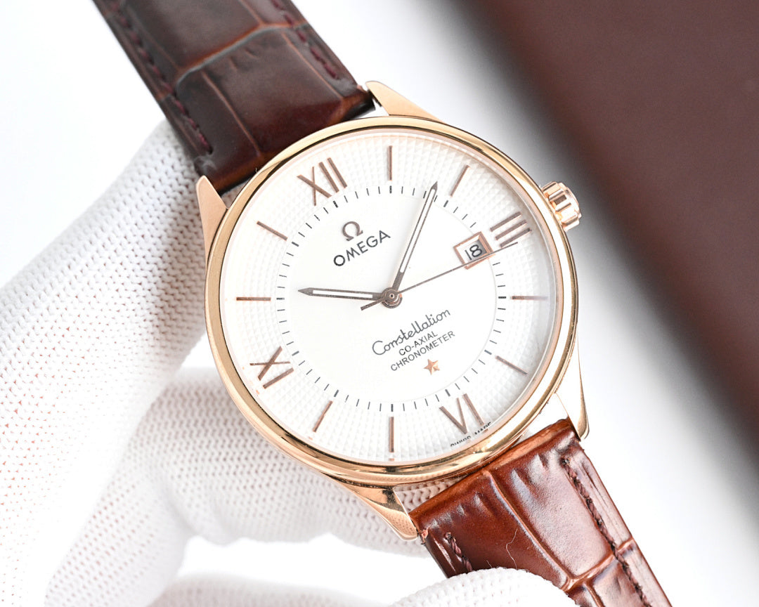 Omega watch with rose gold case, brown leather strap, white dial, Roman numerals