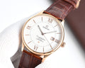 Omega watch with brown leather strap, white dial, Roman numerals, date at 18