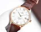 Omega watch with brown leather strap, white dial, Roman numerals, date at 18