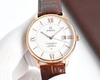Omega watch with rose gold case and brown leather strap, white dial, date at 18