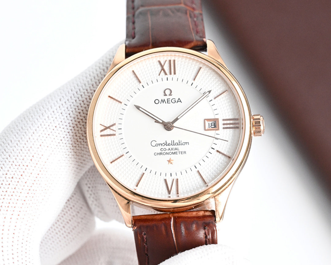 Omega watch with rose gold case and brown leather strap, white dial, date at 18