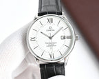 Omega watch with silver-tone case, black leather strap, white dial, date at 3