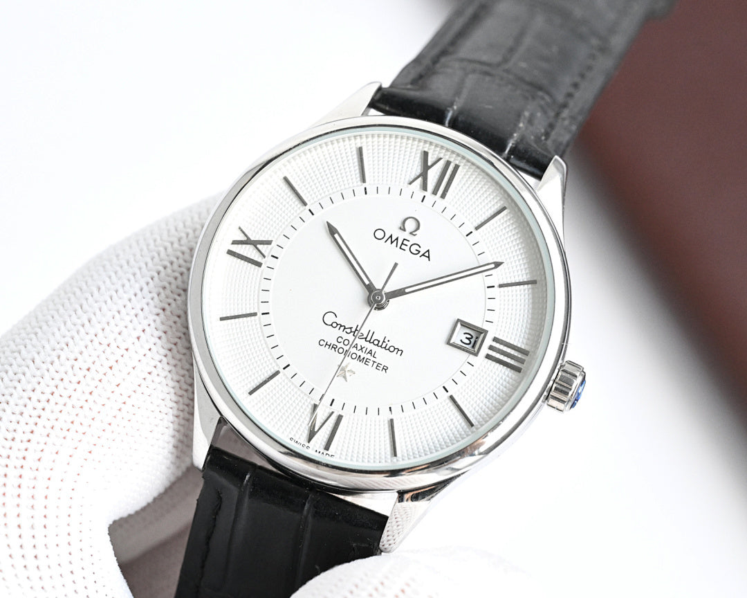 Omega watch with silver-tone case and black leather strap, white dial, date at 3