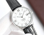 Omega watch with silver-tone case, black leather strap, white dial with Roman numerals
