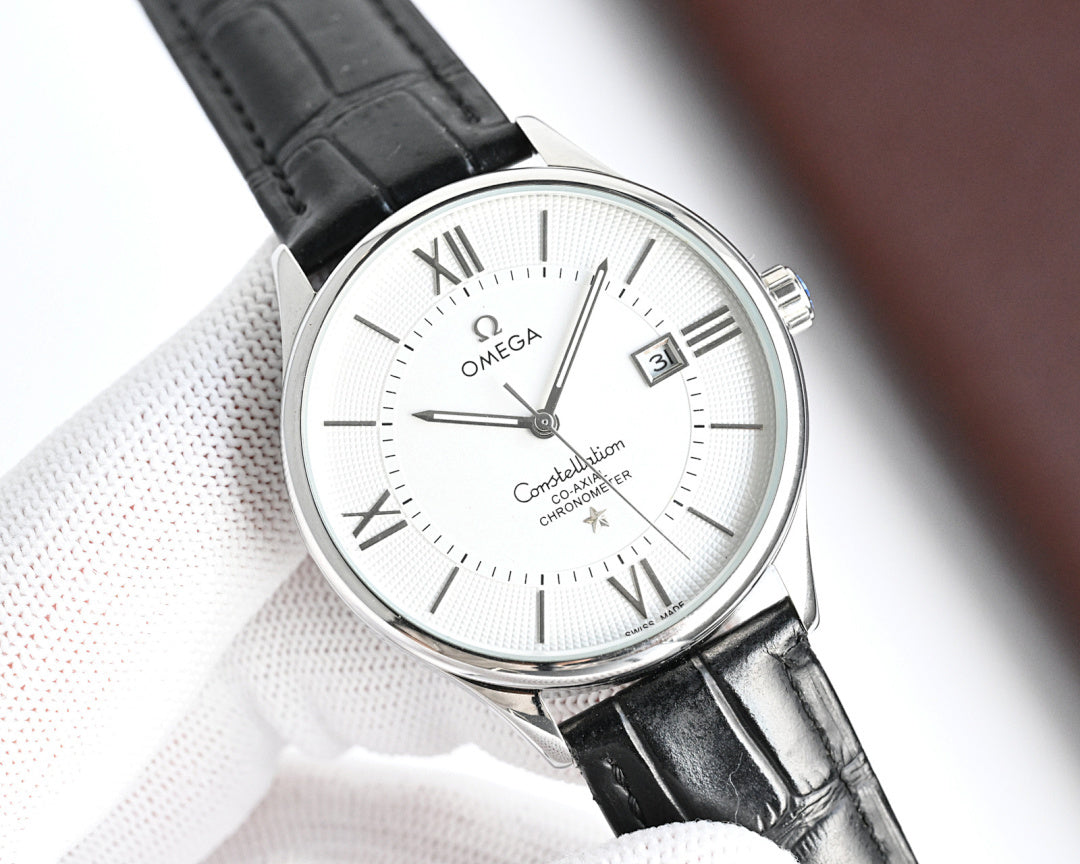 Omega watch with silver-tone case, black leather strap, white dial with Roman numerals