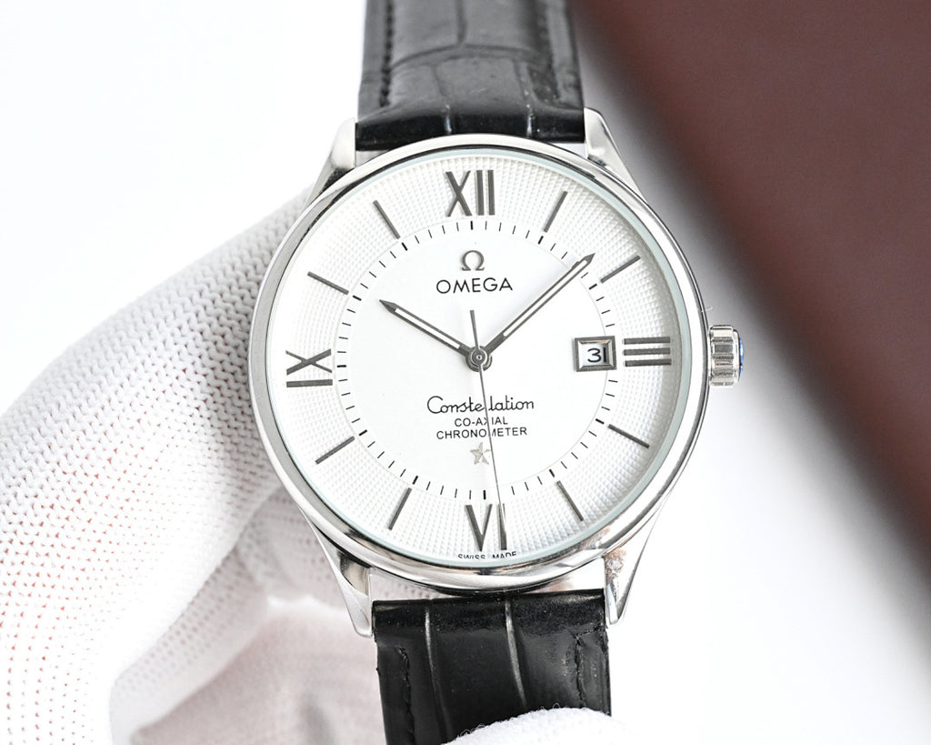 Omega watch with black leather strap, white dial, Roman numerals, date at 3