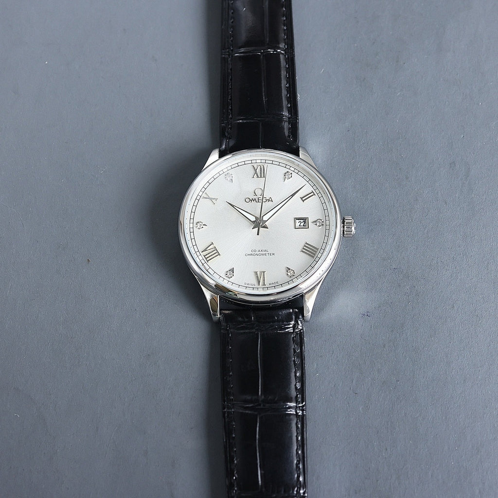 Wristwatch with white dial, Roman numerals, and black leather strap