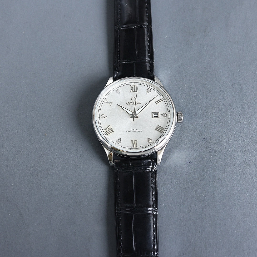 Wristwatch with white dial, Roman numerals, and black leather strap
