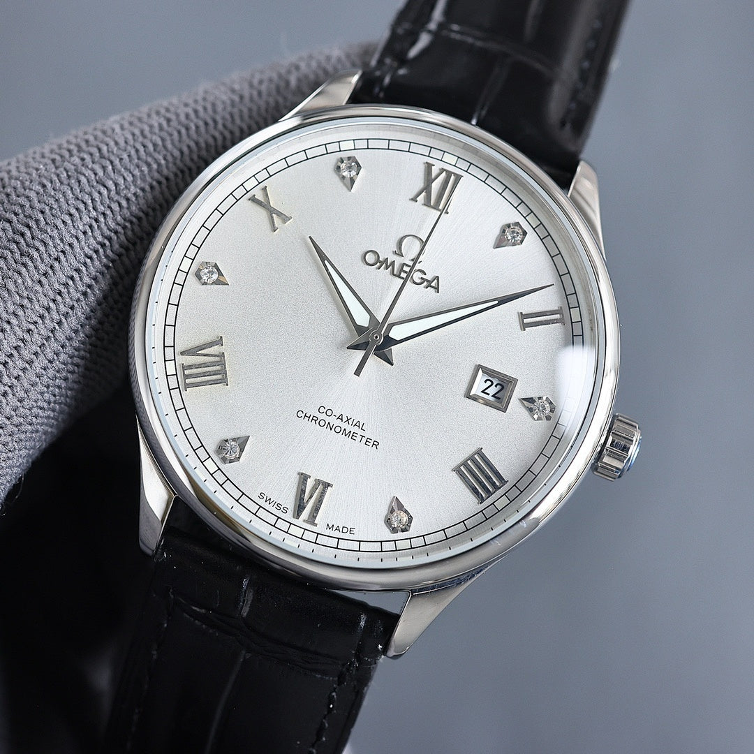 Wristwatch with white dial, crystal markers, and black leather strap