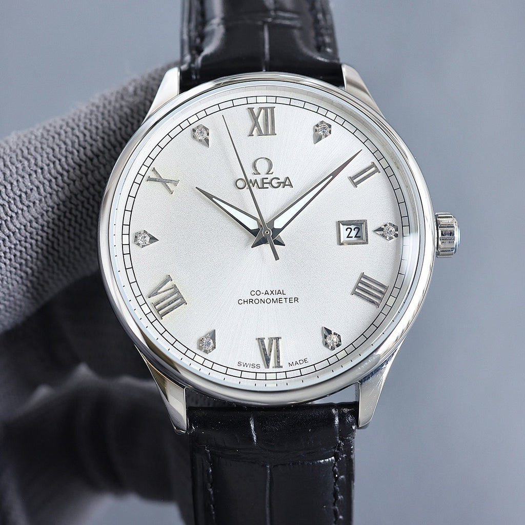 Wristwatch with white dial, Roman numerals, and black leather strap