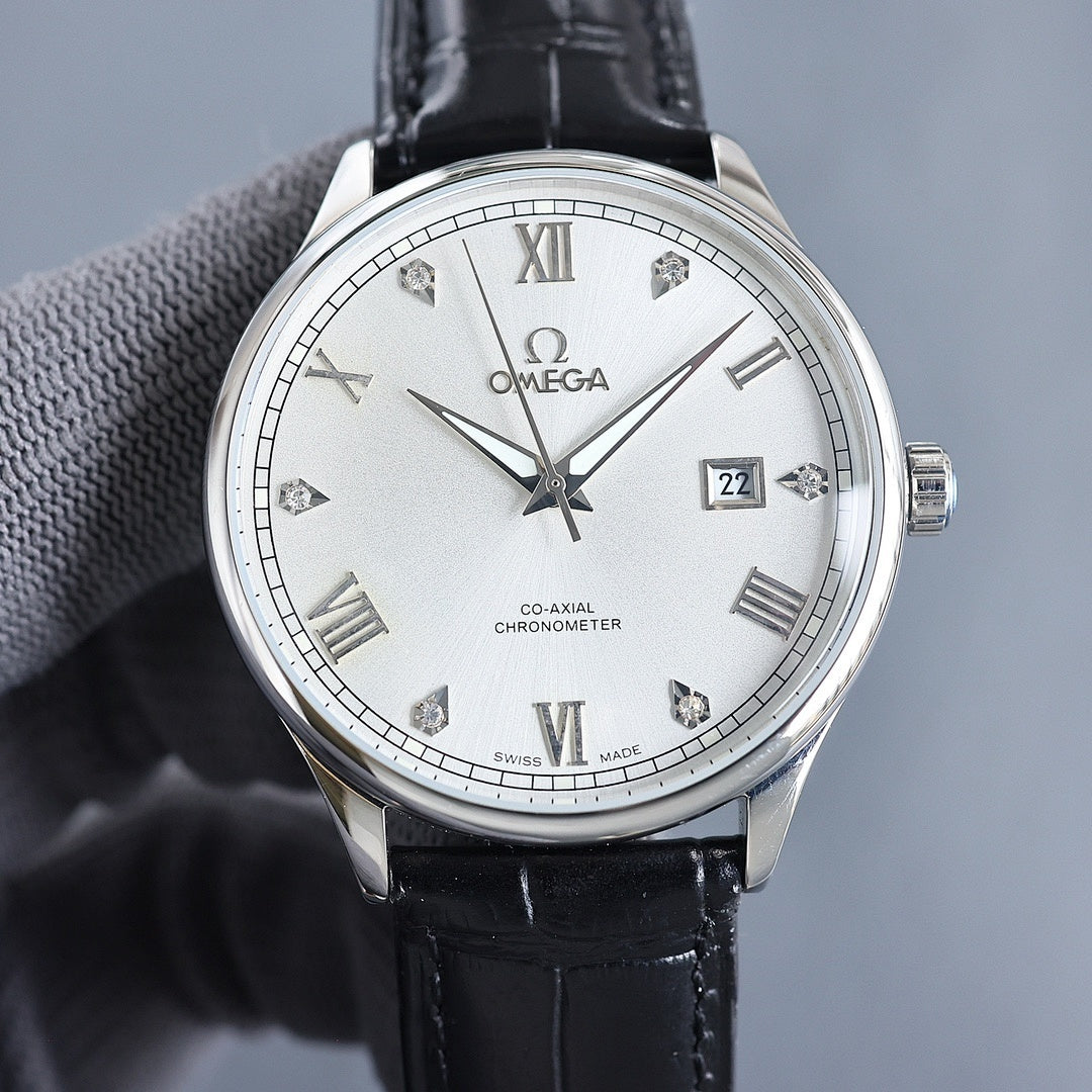 Wristwatch with white dial, Roman numerals, and black leather strap