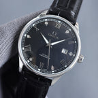 Omega wristwatch with black dial, Roman numerals, and black leather strap