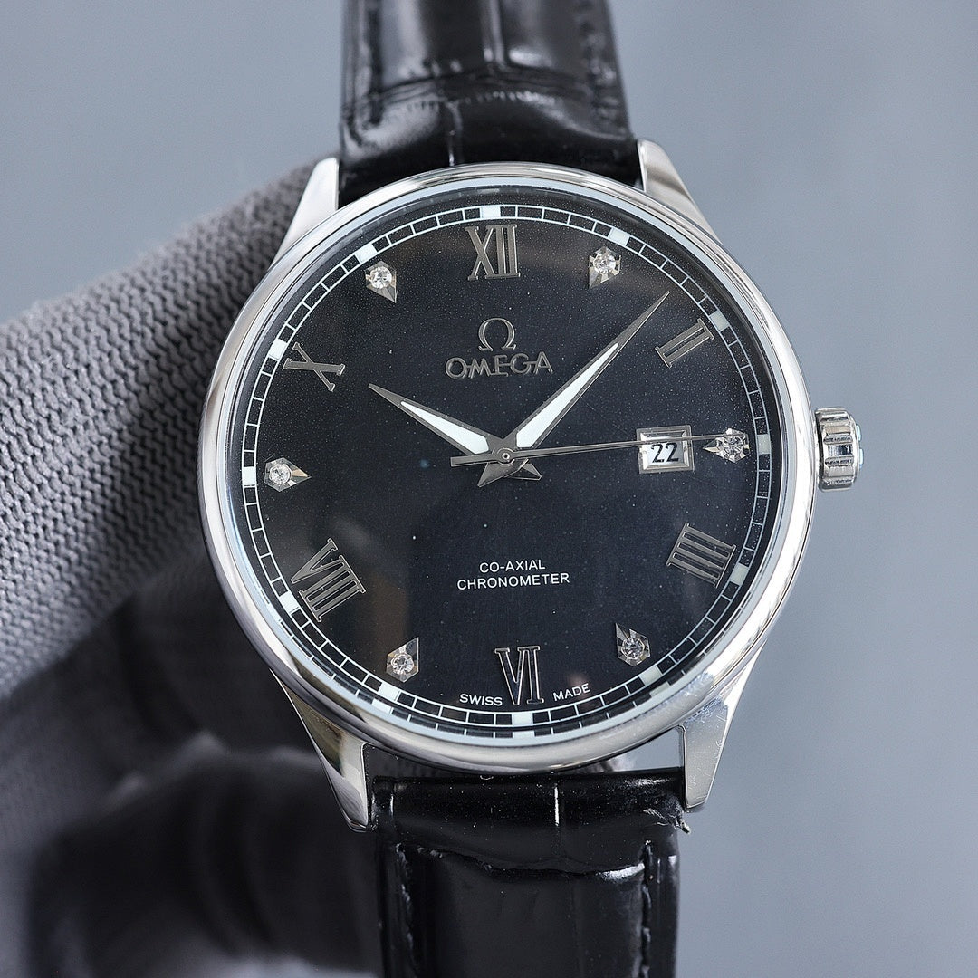 Omega wristwatch with black dial, Roman numerals, and black leather strap