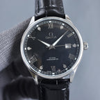 Omega wristwatch with black dial, crystal hour markers, and black leather strap