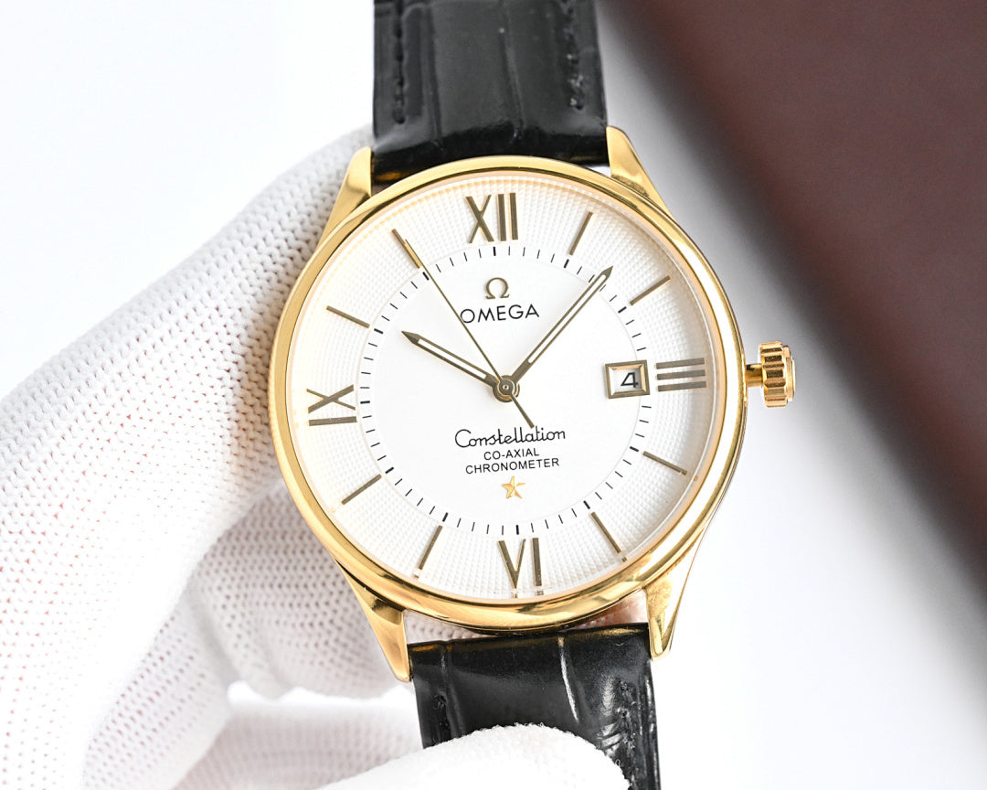 Omega watch with black leather strap, gold case, white dial, Roman numerals