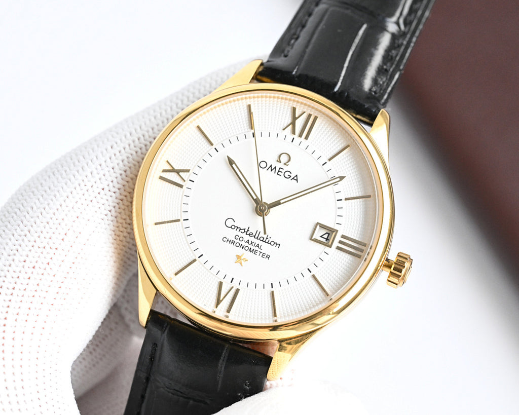 Omega watch with black leather strap, gold case, white dial, Roman numerals