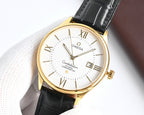 Omega watch with black leather strap, gold case, white dial, Roman numerals