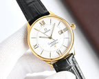 Omega watch with black leather strap, gold case, white dial and date window