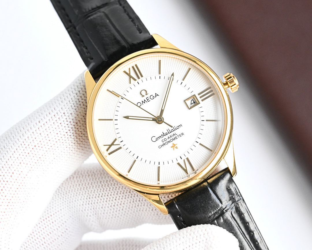Omega watch with black leather strap, gold case, white dial and date window