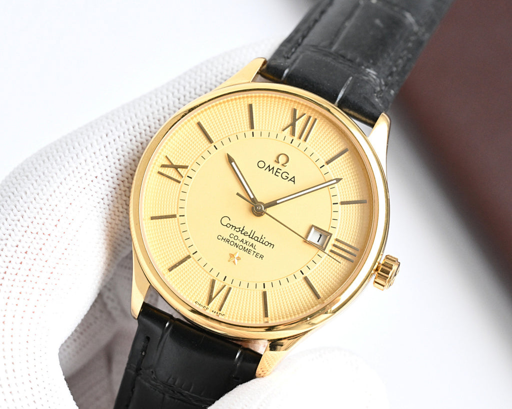 Omega watch with black leather strap, gold case, champagne dial, Roman numerals