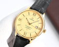 Omega watch with black leather strap, gold case, champagne dial, Roman numerals