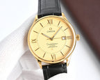 Omega watch with black leather strap, gold case, champagne dial, baton hands