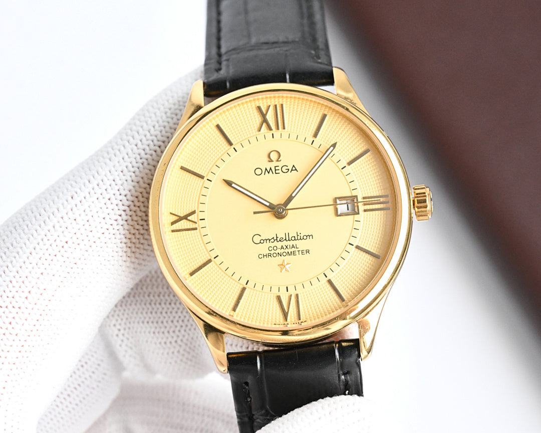 Omega watch with black leather strap, gold case, champagne dial, baton hands