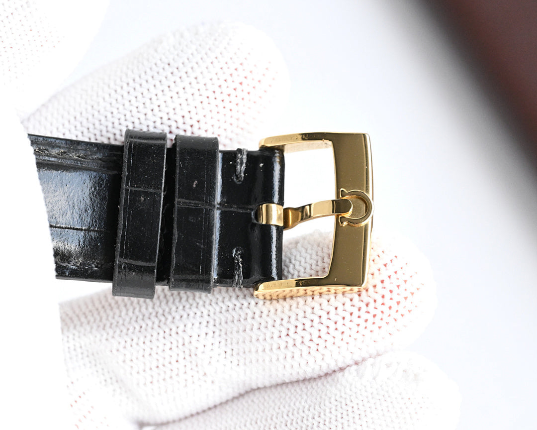 Omega watch leather strap with gold buckle clasp, black finish
