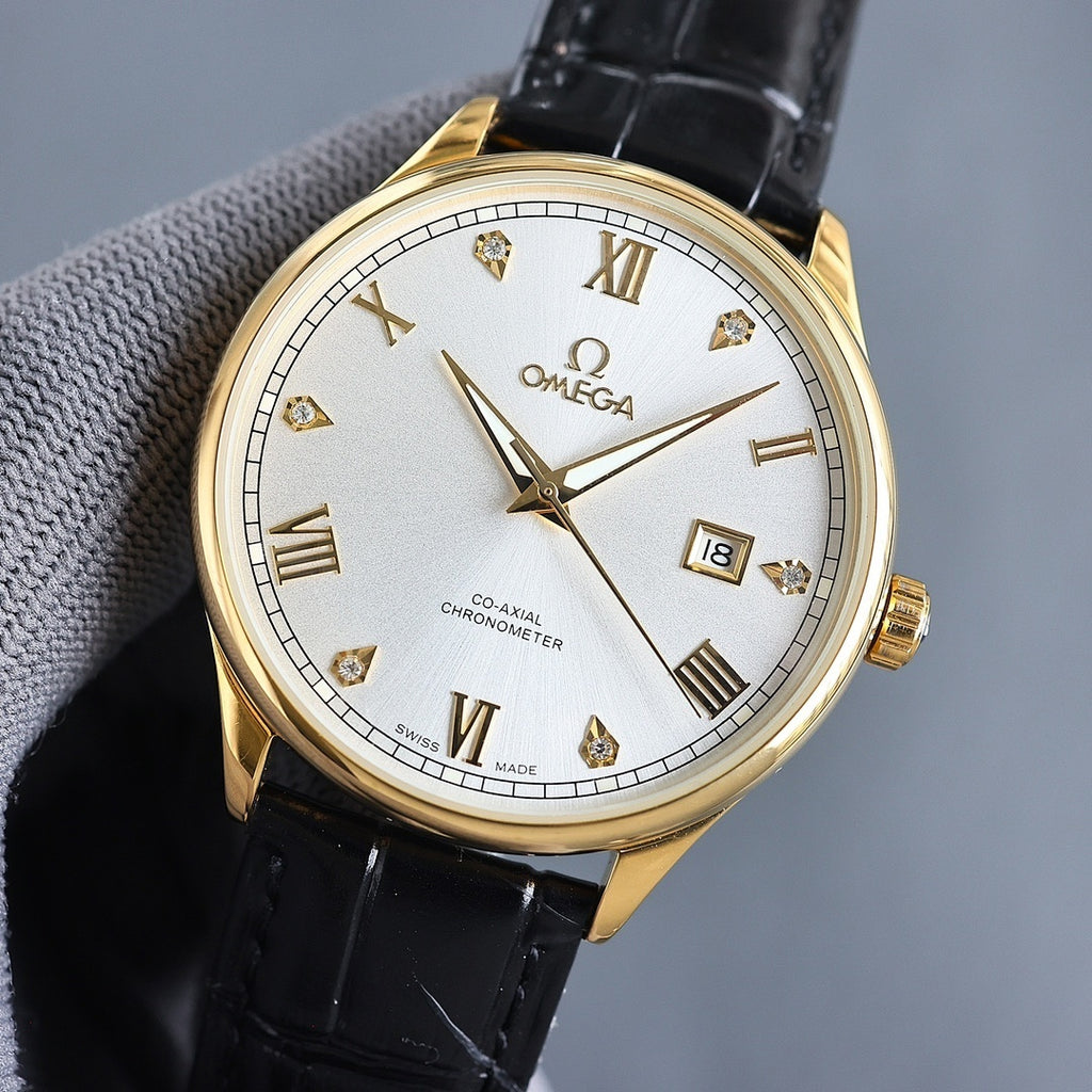 Gold Omega wristwatch with white dial, Roman numerals, black leather strap
