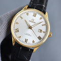 Gold Omega wristwatch with white dial, Roman numerals, black leather strap