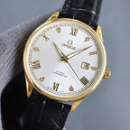 Gold Omega wristwatch with white dial, Roman numerals, black leather strap
