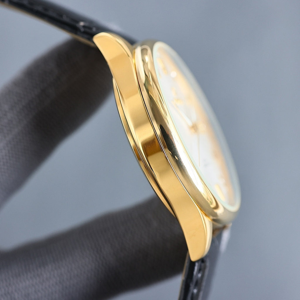 Gold Omega watch side profile with black leather strap