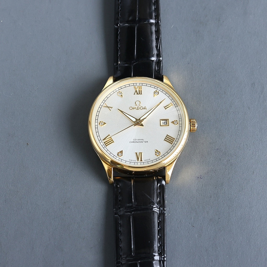 Gold Omega wristwatch with white dial, Roman numerals, black leather strap