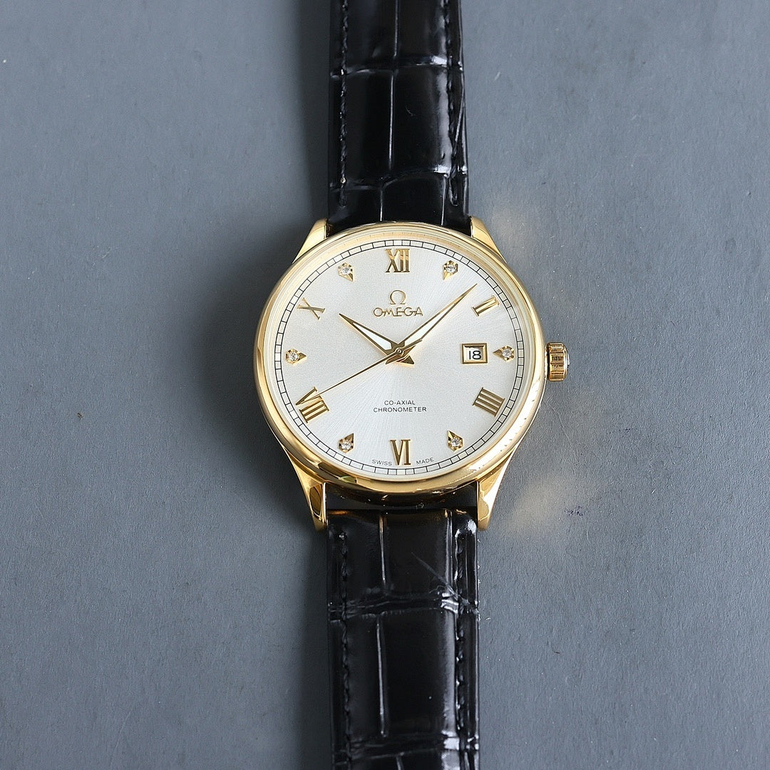 Gold Omega wristwatch with white dial, Roman numerals, black leather strap