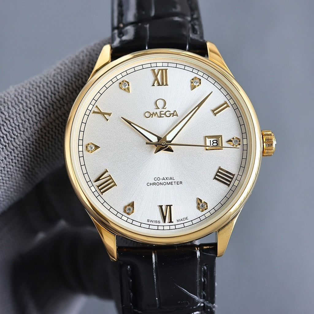 Gold Omega wristwatch with white dial and Roman markers, black leather strap
