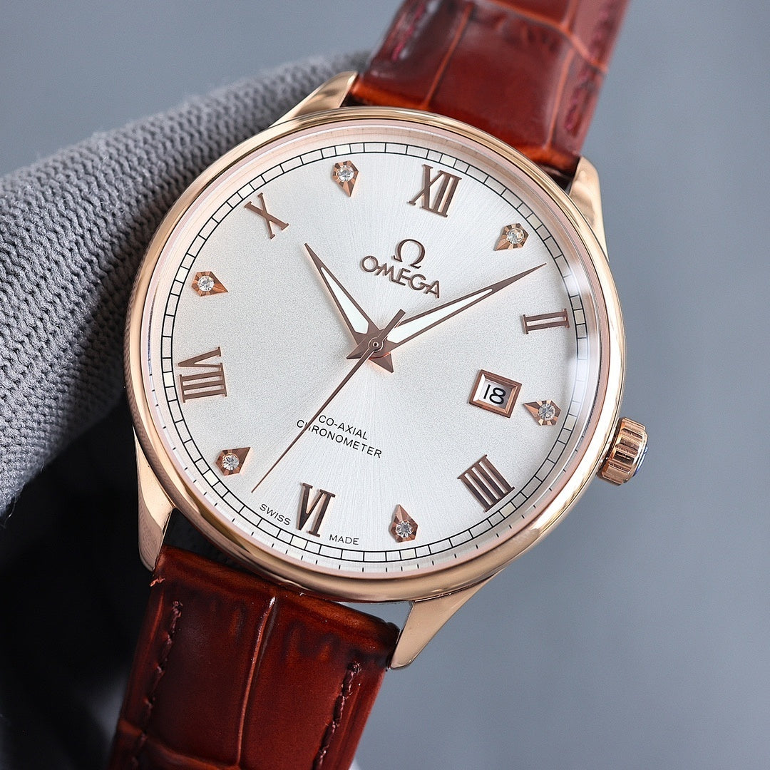 Gold Omega wristwatch with white dial, Roman numerals, brown leather strap