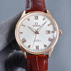 Gold Omega wristwatch with white dial, Roman markers, brown leather strap