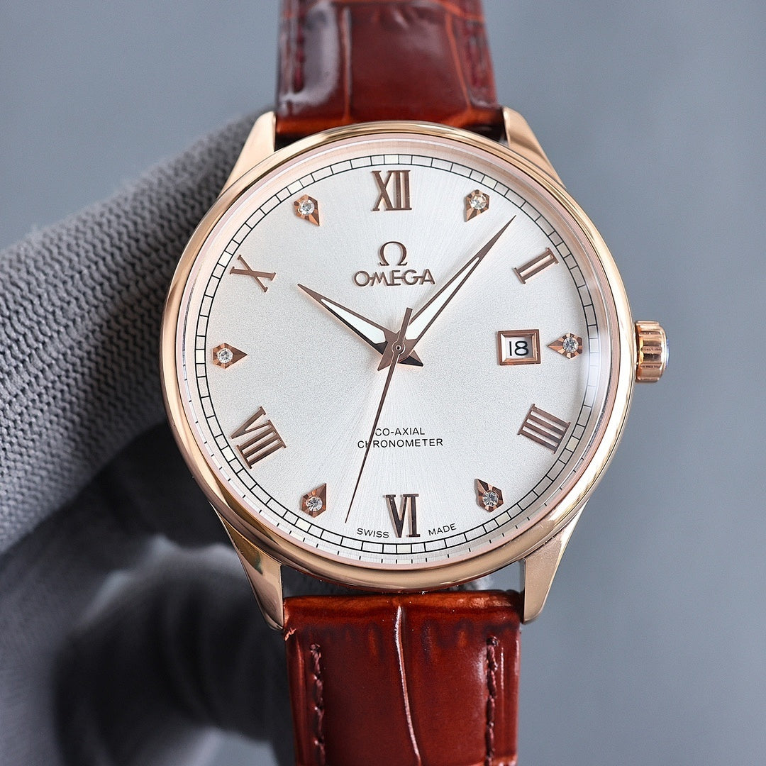 Gold Omega wristwatch with white dial, Roman markers, brown leather strap