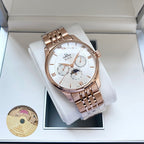 Omega watch with rose-gold metal bracelet and white dial in white display box.