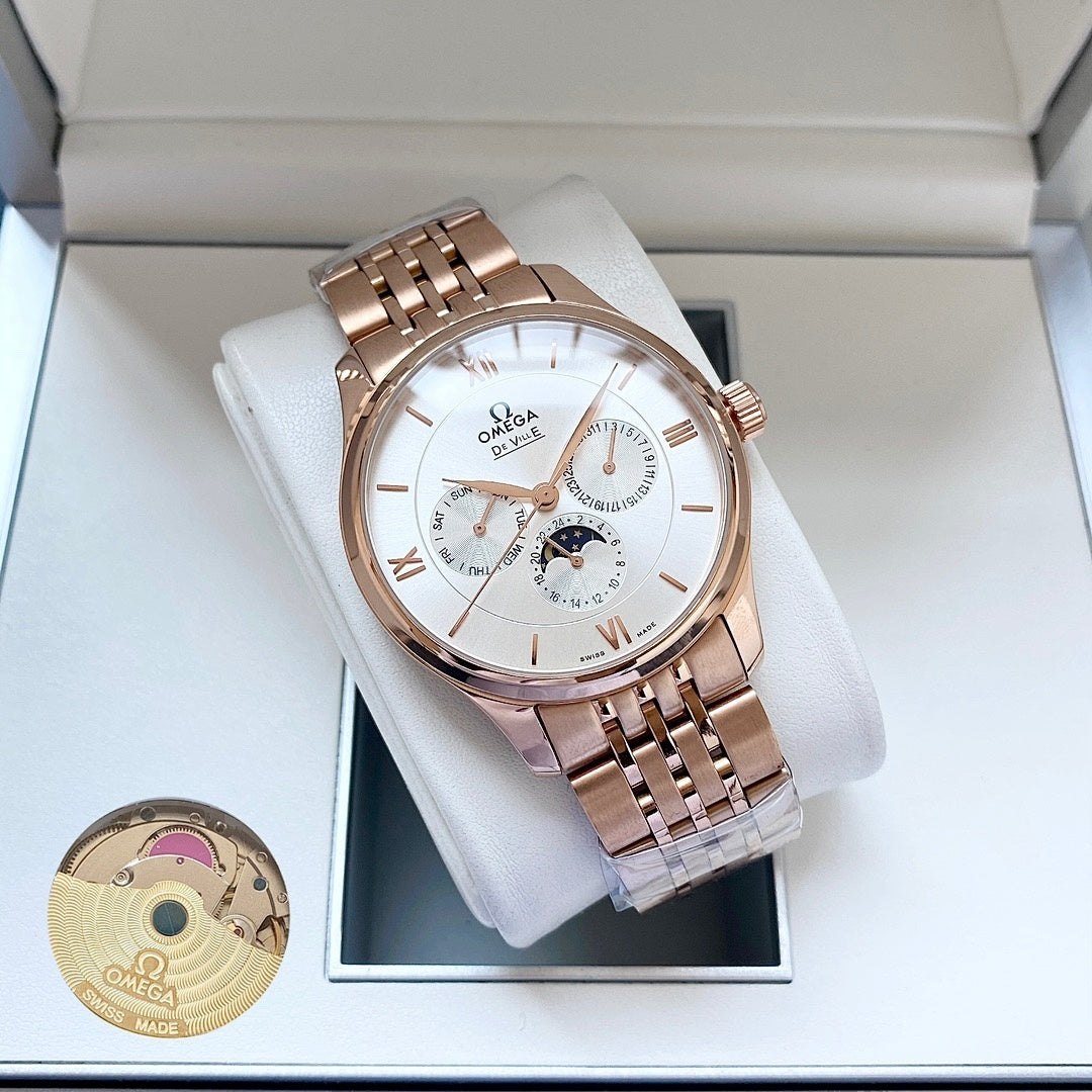 Omega watch with rose-gold metal bracelet and white dial in white display box.