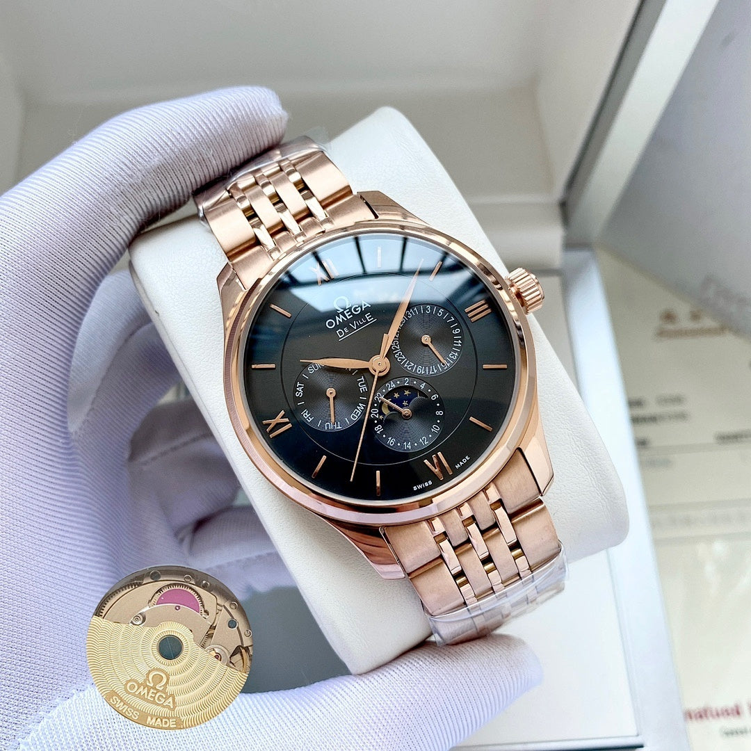 Omega watch with rose-gold metal bracelet and dark blue dial on white display pillow.