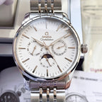 Omega watch with silver metal bracelet and white dial, multiple subdials shown